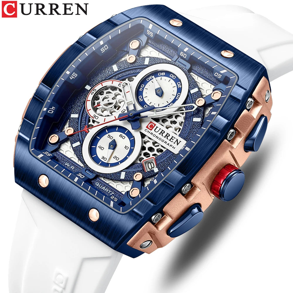 Reloj CURREN para hombre: diseño de lujo con esfera cuadrada, cronógrafo, luz nocturna y resistencia al agua. Elegancia y precisión en tu muñeca.