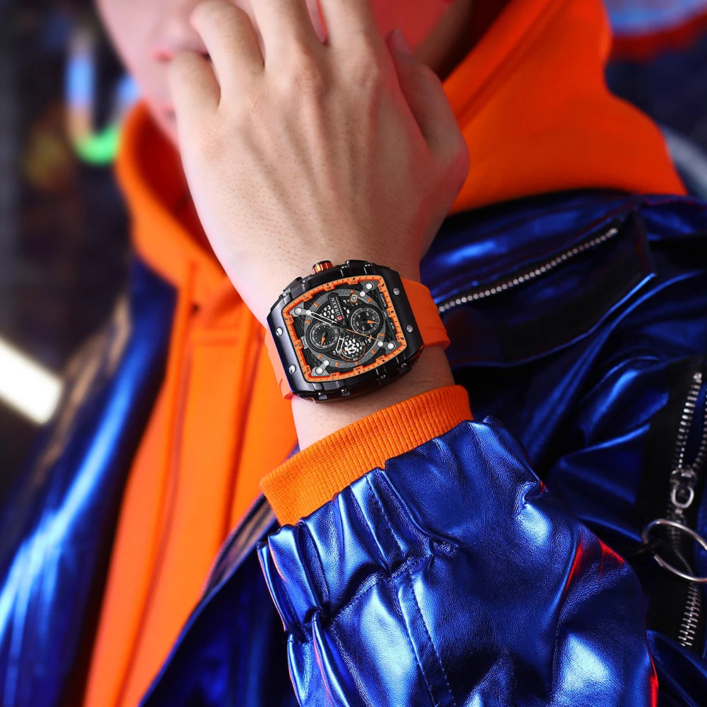 Reloj CURREN para hombre: diseño de lujo con esfera cuadrada, cronógrafo, luz nocturna y resistencia al agua. Elegancia y precisión en tu muñeca.