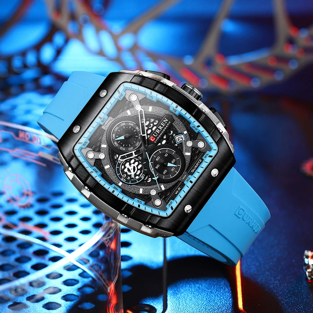 Reloj CURREN para hombre: diseño de lujo con esfera cuadrada, cronógrafo, luz nocturna y resistencia al agua. Elegancia y precisión en tu muñeca.