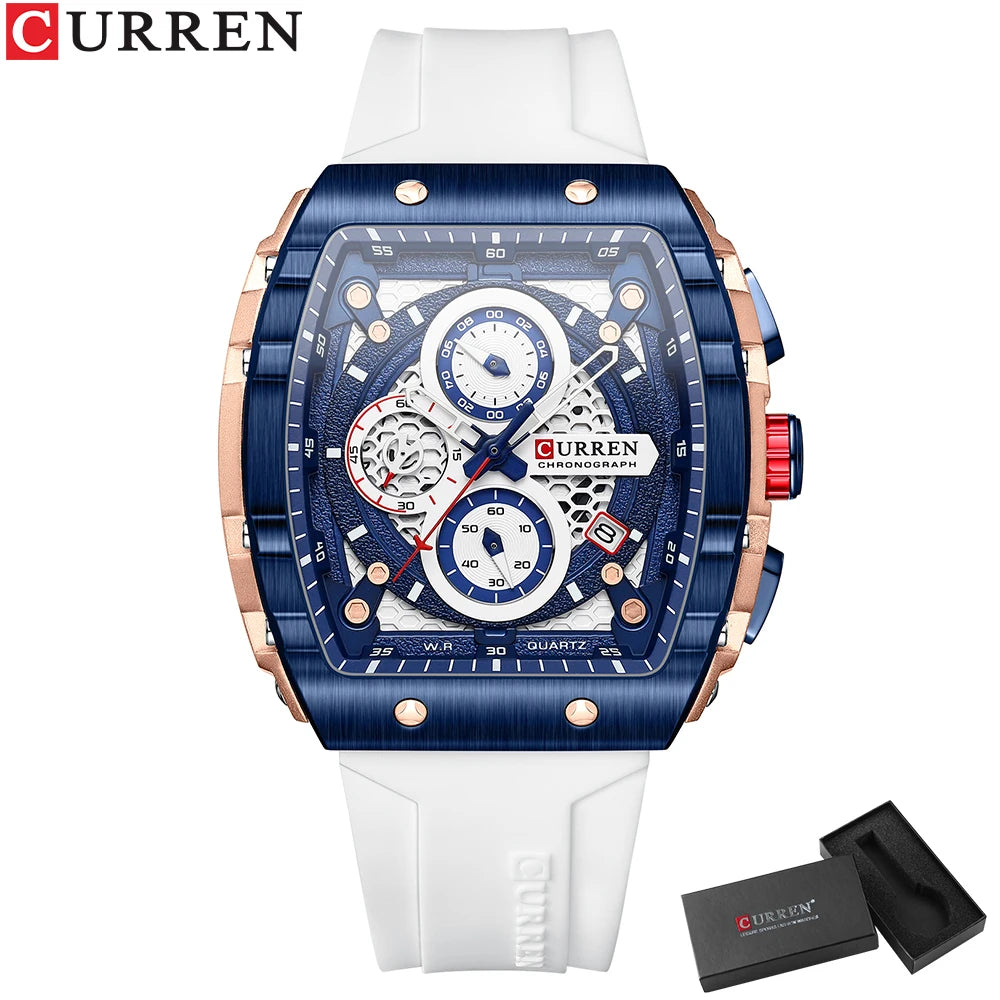 Reloj CURREN para hombre: diseño de lujo con esfera cuadrada, cronógrafo, luz nocturna y resistencia al agua. Elegancia y precisión en tu muñeca.