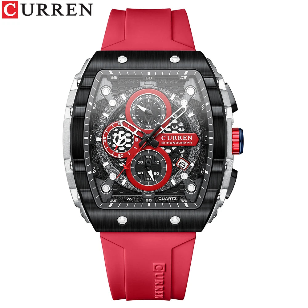 Reloj CURREN para hombre: diseño de lujo con esfera cuadrada, cronógrafo, luz nocturna y resistencia al agua. Elegancia y precisión en tu muñeca.