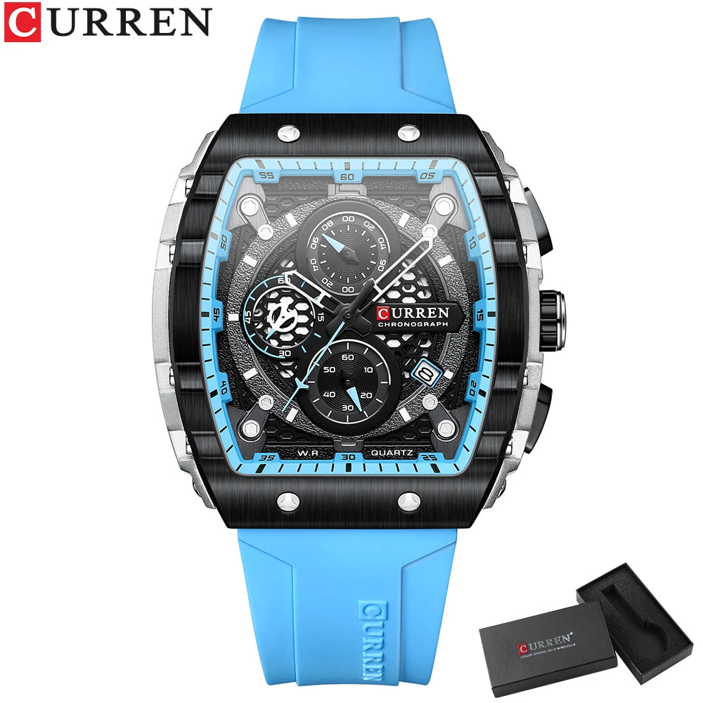 Reloj CURREN para hombre: diseño de lujo con esfera cuadrada, cronógrafo, luz nocturna y resistencia al agua. Elegancia y precisión en tu muñeca.