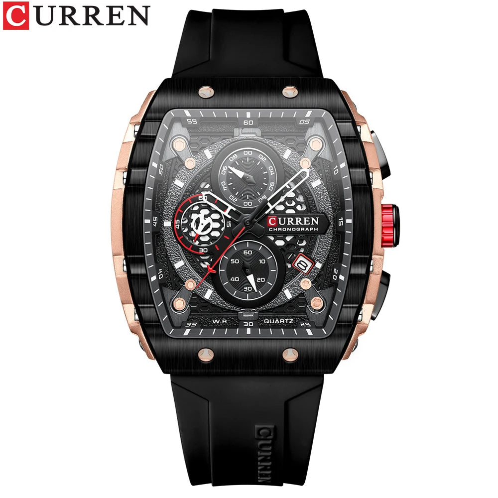 Reloj CURREN para hombre: diseño de lujo con esfera cuadrada, cronógrafo, luz nocturna y resistencia al agua. Elegancia y precisión en tu muñeca.