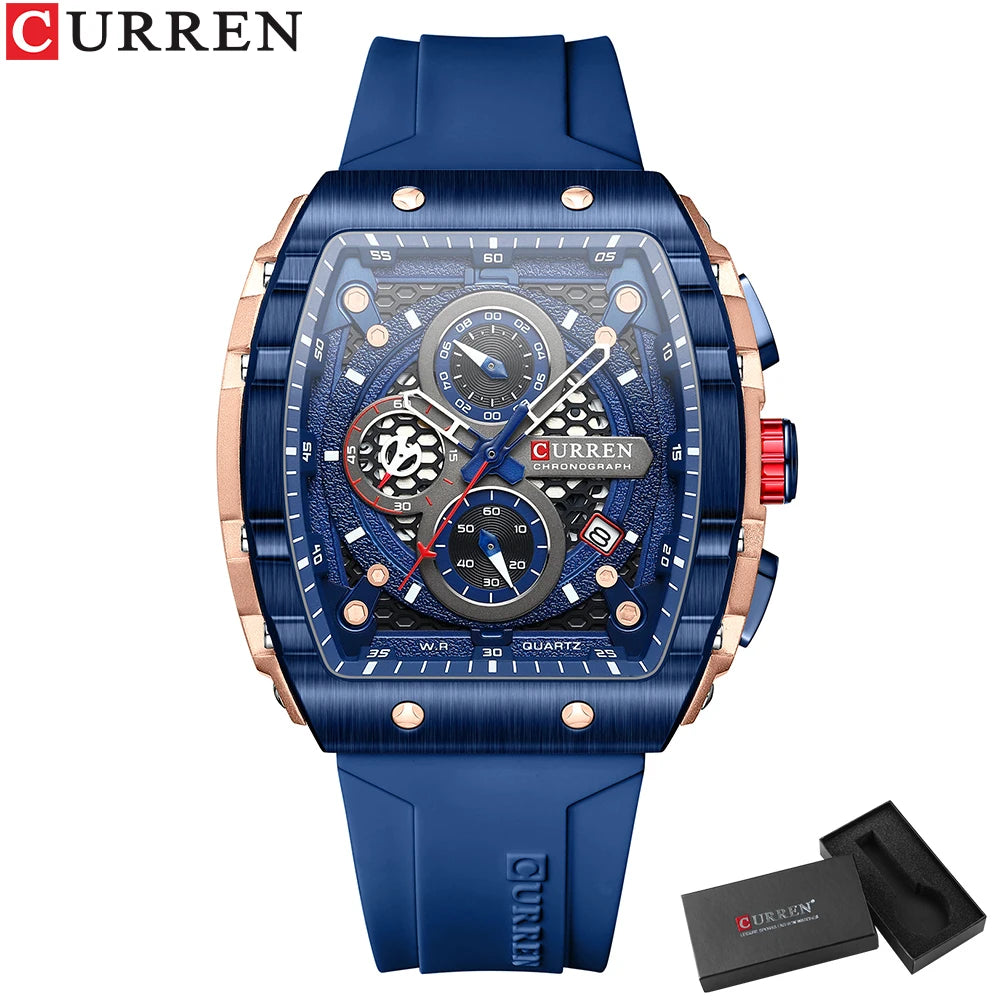 Reloj CURREN para hombre: diseño de lujo con esfera cuadrada, cronógrafo, luz nocturna y resistencia al agua. Elegancia y precisión en tu muñeca.