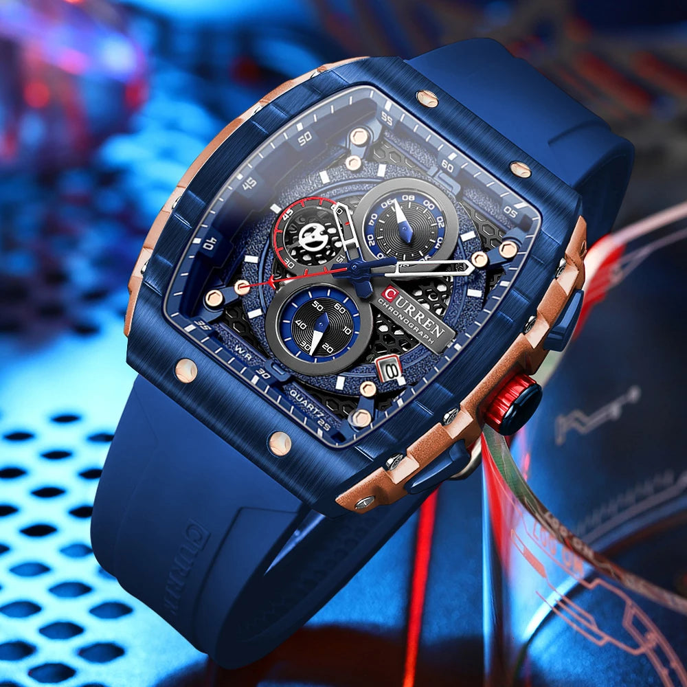 Reloj CURREN para hombre: diseño de lujo con esfera cuadrada, cronógrafo, luz nocturna y resistencia al agua. Elegancia y precisión en tu muñeca.