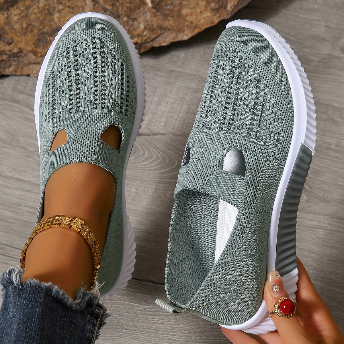 Zapatillas informales sin cordones transpirables para mujer: zapatos para caminar de tejido de punto con suela de goma y plantilla de fibra superfina, diseño de punta lisa de caña baja, calzado cómodo para todas las estaci