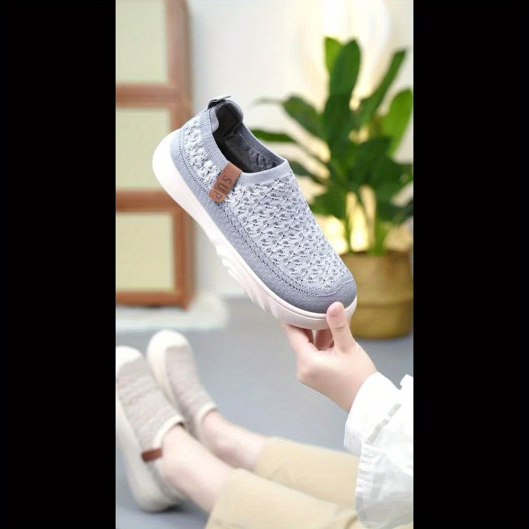 Mocasines casuales sin cordones para mujer: tejido de punto transpirable, suela gruesa, suela de goma antideslizante, gris versátil con detalle de cubierta marrón, calzado cómodo para todas las estaciones, zapatos casuales
