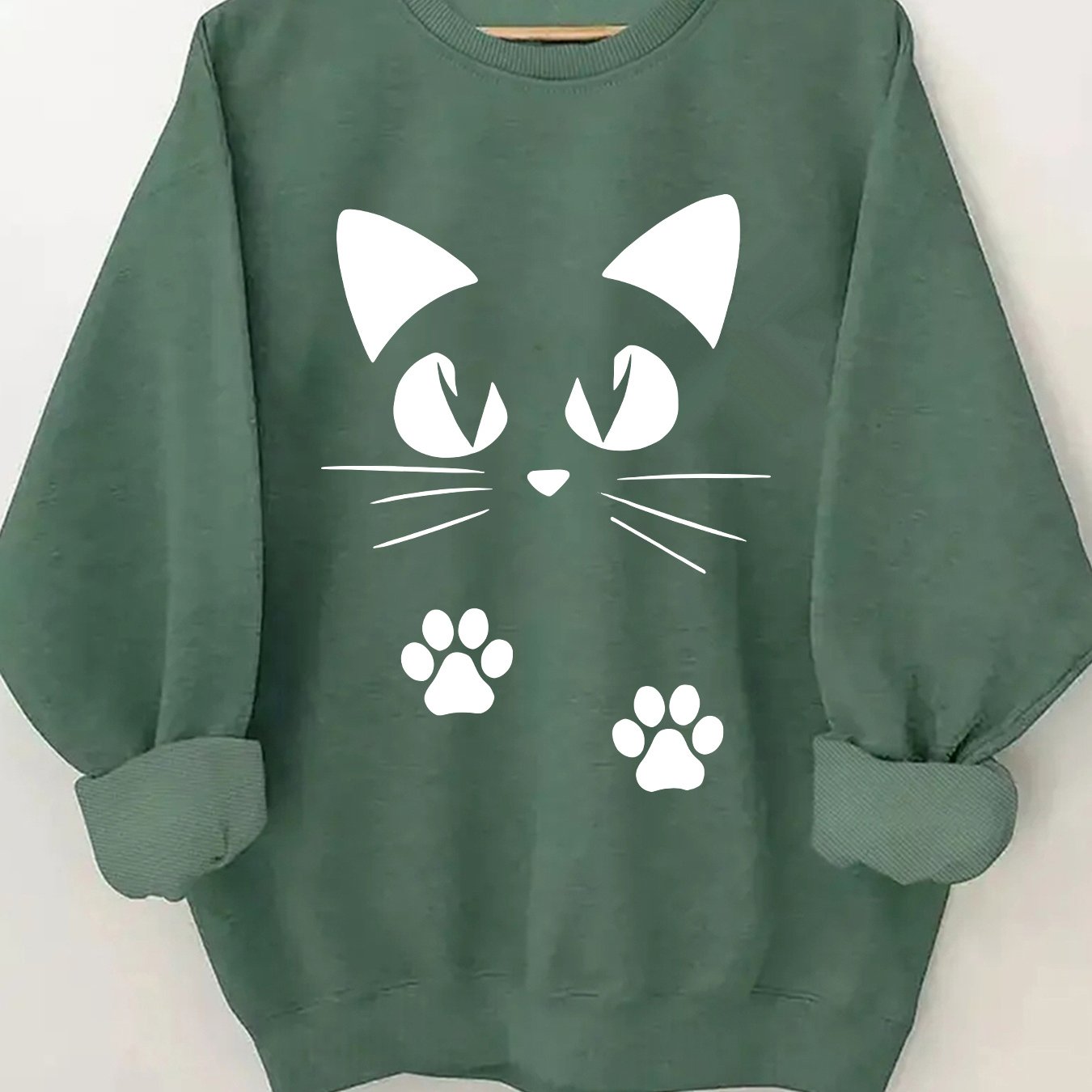 🐾 Sudadera Rosa con Estampado de Gatito para Mujer – Cuello Redondo y Puños Volados, Ideal para Primavera y Otoño 🌸