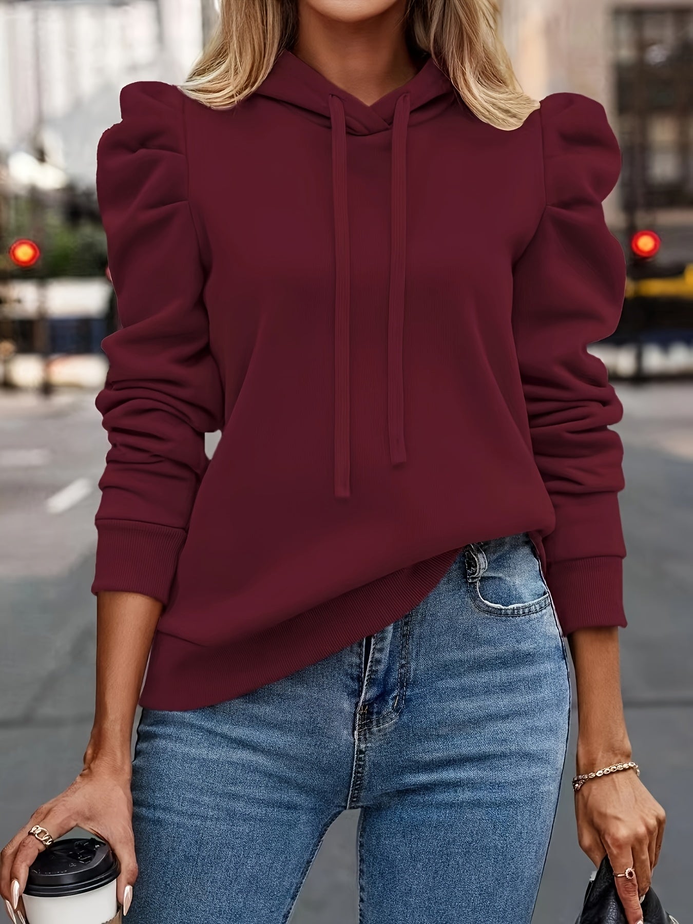 🍂 Hoodie de Color Sólido con Capucha y Mangas Abullonadas – Estilo Casual para Otoño e Invierno