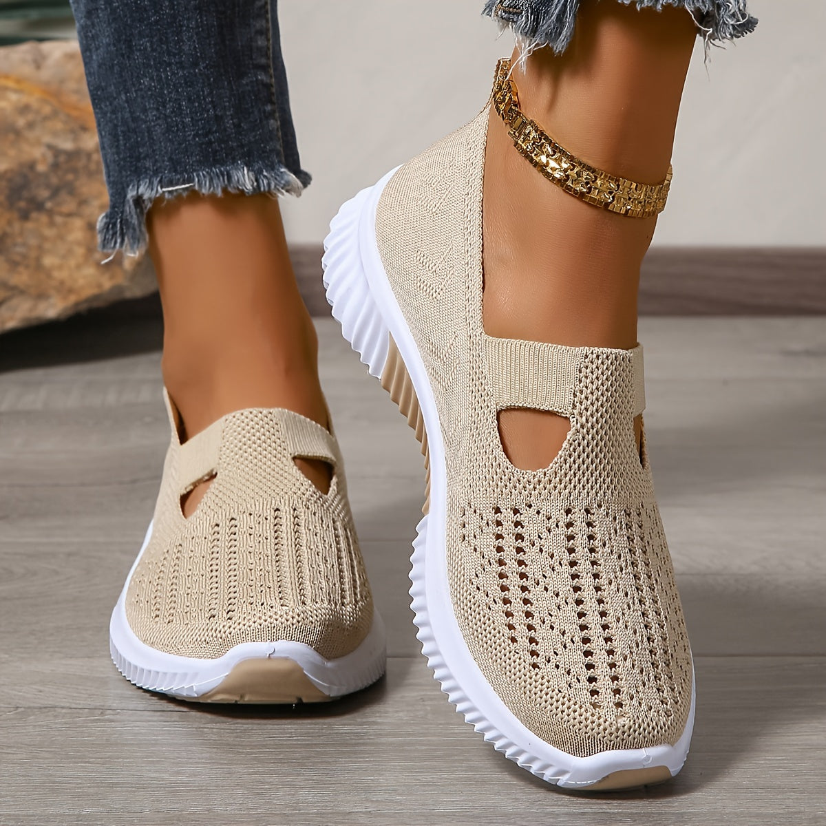 Zapatillas informales sin cordones transpirables para mujer: zapatos para caminar de tejido de punto con suela de goma y plantilla de fibra superfina, diseño de punta lisa de caña baja, calzado cómodo para todas las estaci