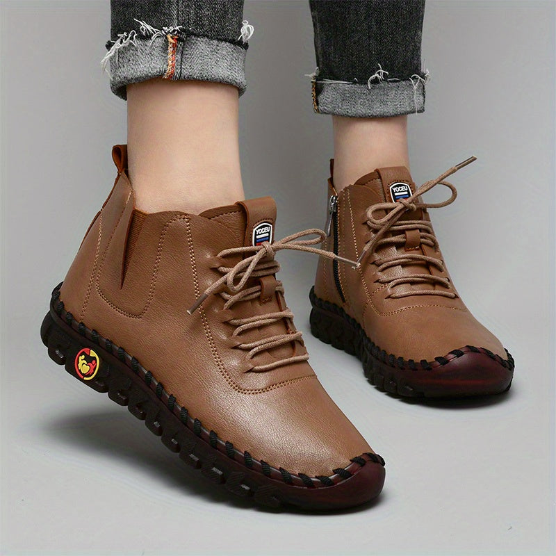 Zapatillas de Mujer Hechas a Mano de Corte Alto, con Cierre de Cordones y Cremallera Lateral - Zapatillas Planas para Caminar de Estilo Casual ๐๐