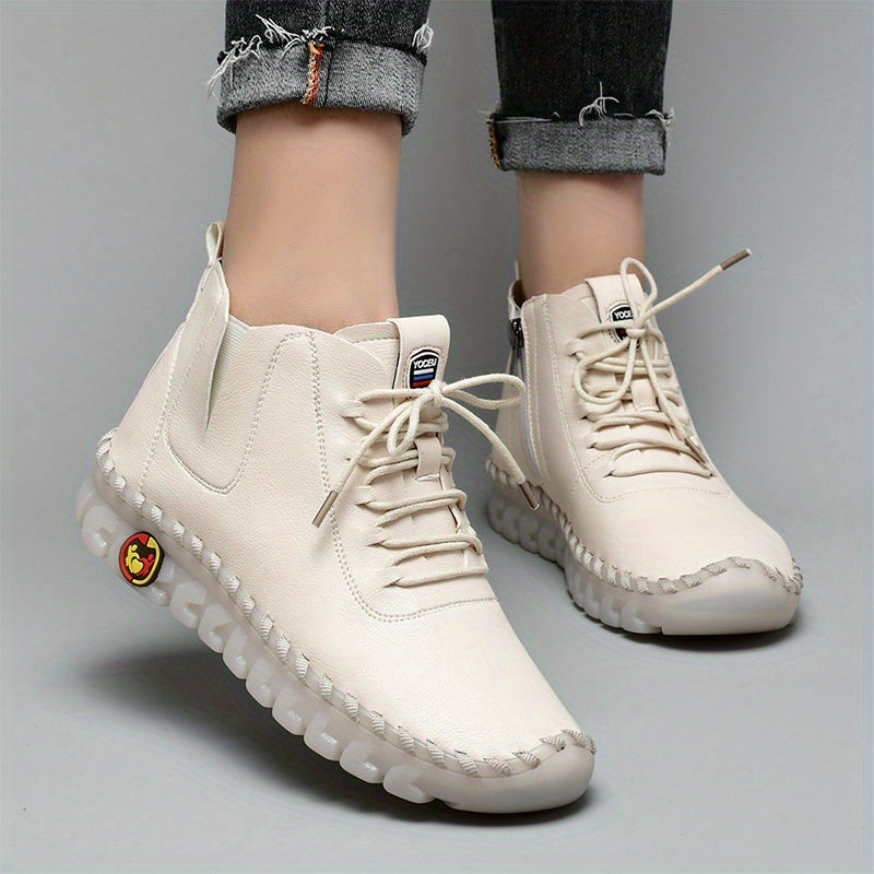 Zapatillas de Mujer Hechas a Mano de Corte Alto, con Cierre de Cordones y Cremallera Lateral - Zapatillas Planas para Caminar de Estilo Casual ๐๐