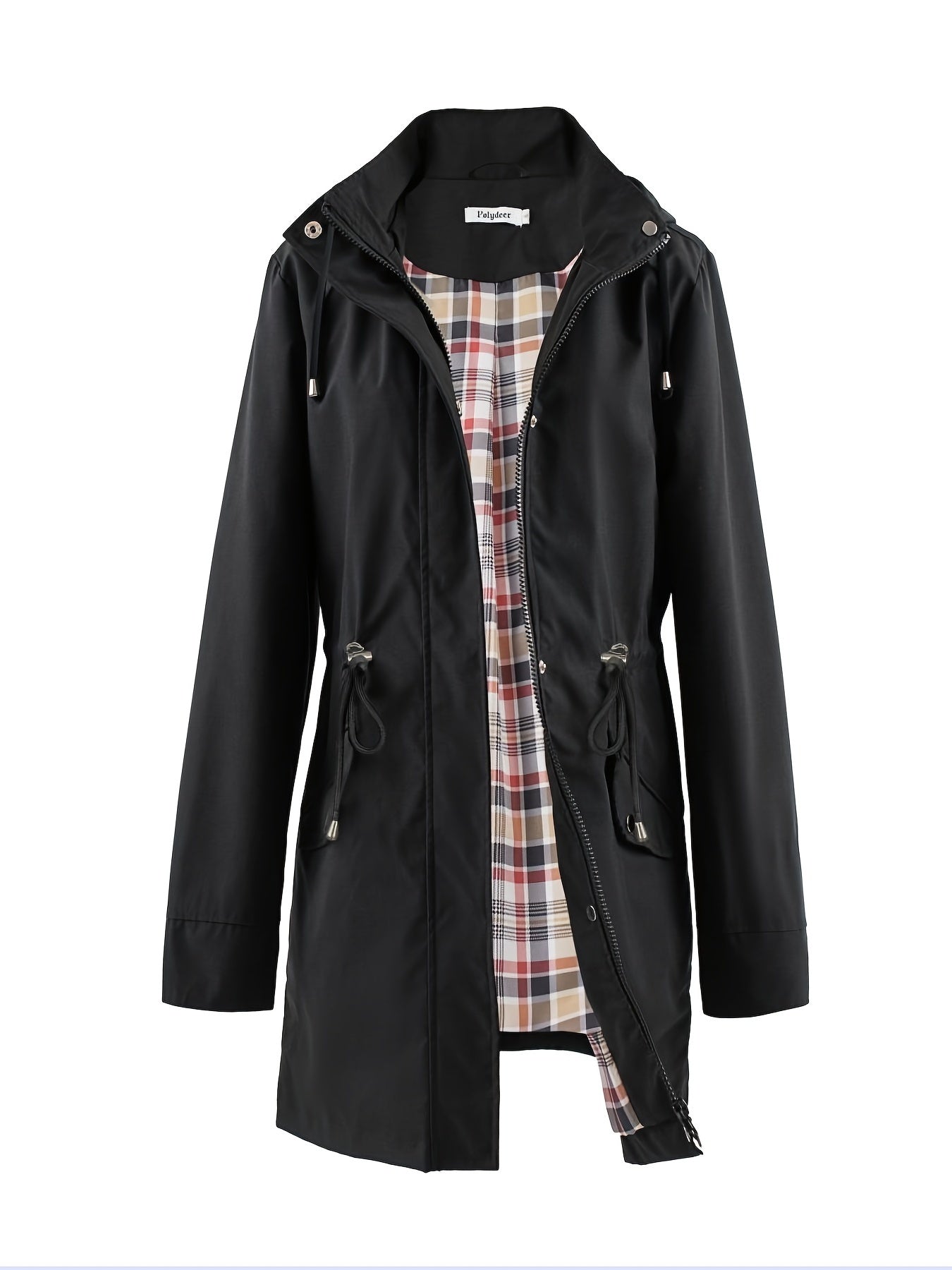 🌿 Chaqueta Impermeable Ligera para Mujer – Elegancia Verde con Capucha, Forro a Cuadros y Cintura Ajustable 🌧️