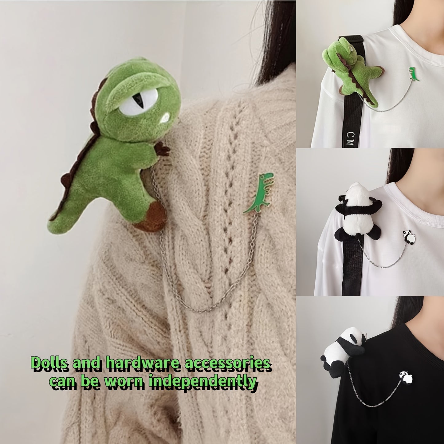 Broche de Peluche para Parejas - Dinosaurio Verde & Panda con Cadena
