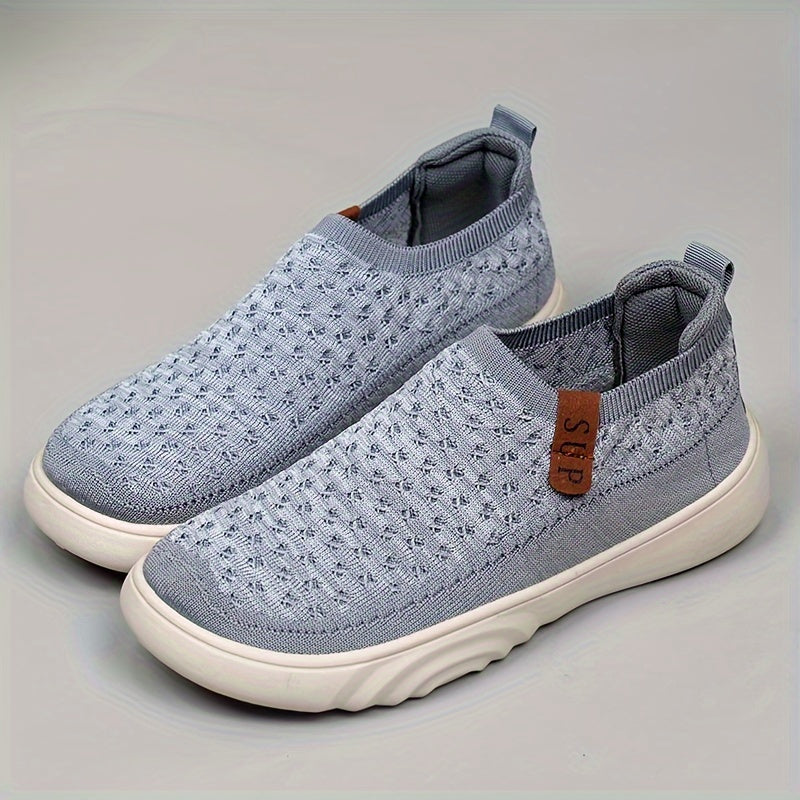 Mocasines casuales sin cordones para mujer: tejido de punto transpirable, suela gruesa, suela de goma antideslizante, gris versátil con detalle de cubierta marrón, calzado cómodo para todas las estaciones, zapatos casuales