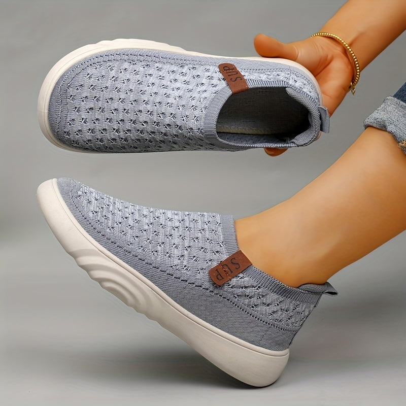 Mocasines casuales sin cordones para mujer: tejido de punto transpirable, suela gruesa, suela de goma antideslizante, gris versátil con detalle de cubierta marrón, calzado cómodo para todas las estaciones, zapatos casuales