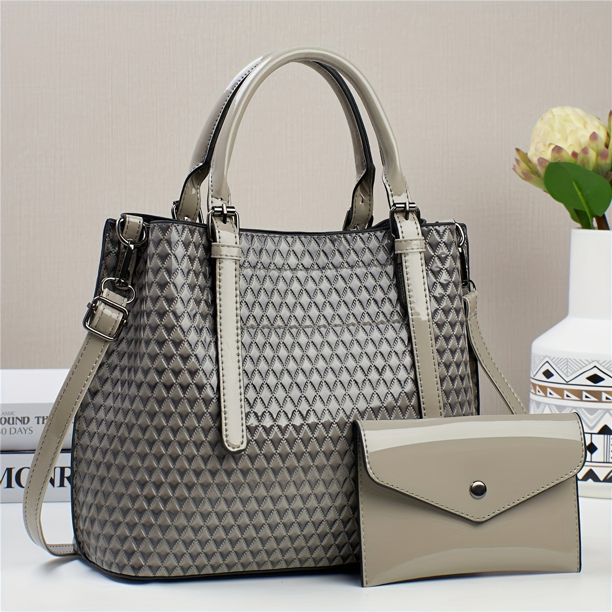 Bolso Tote Geométrico Estilo Crocodilo para Mujer con Correa Ajustable y Clutch Desmontable