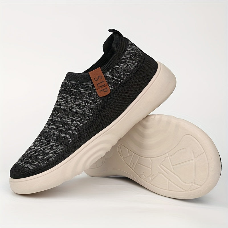 Mocasines casuales sin cordones para mujer: tejido de punto transpirable, suela gruesa, suela de goma antideslizante, gris versátil con detalle de cubierta marrón, calzado cómodo para todas las estaciones, zapatos casuales