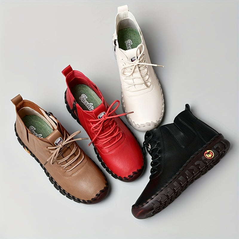 Zapatillas de Mujer Hechas a Mano de Corte Alto, con Cierre de Cordones y Cremallera Lateral - Zapatillas Planas para Caminar de Estilo Casual ๐๐