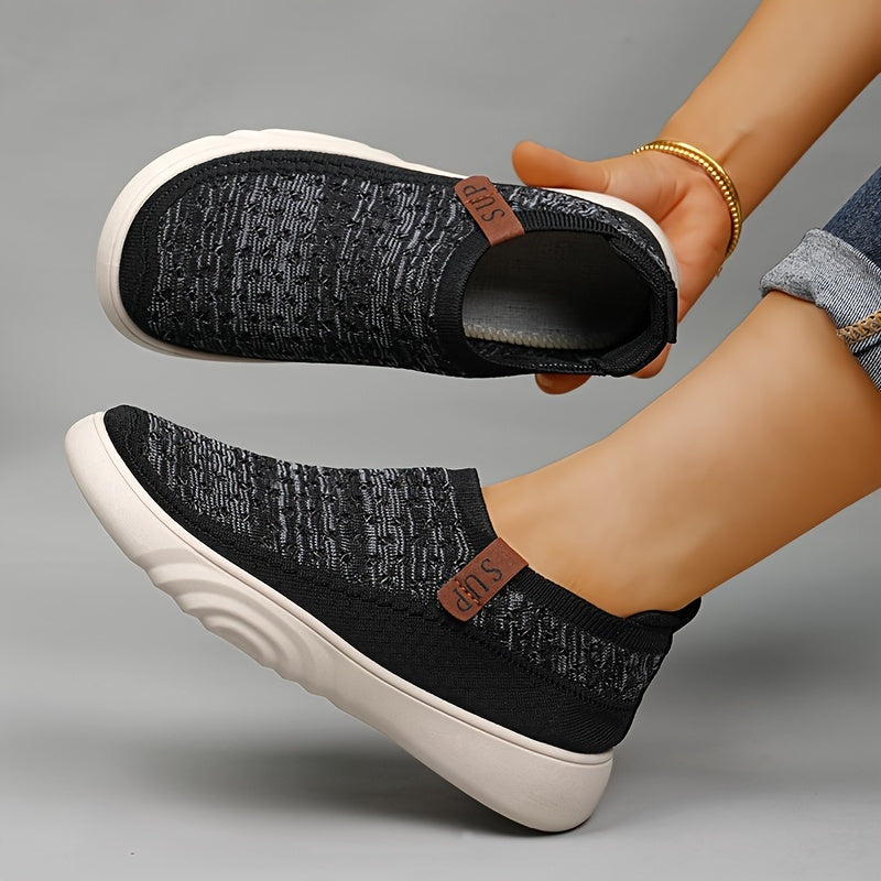 Mocasines casuales sin cordones para mujer: tejido de punto transpirable, suela gruesa, suela de goma antideslizante, gris versátil con detalle de cubierta marrón, calzado cómodo para todas las estaciones, zapatos casuales