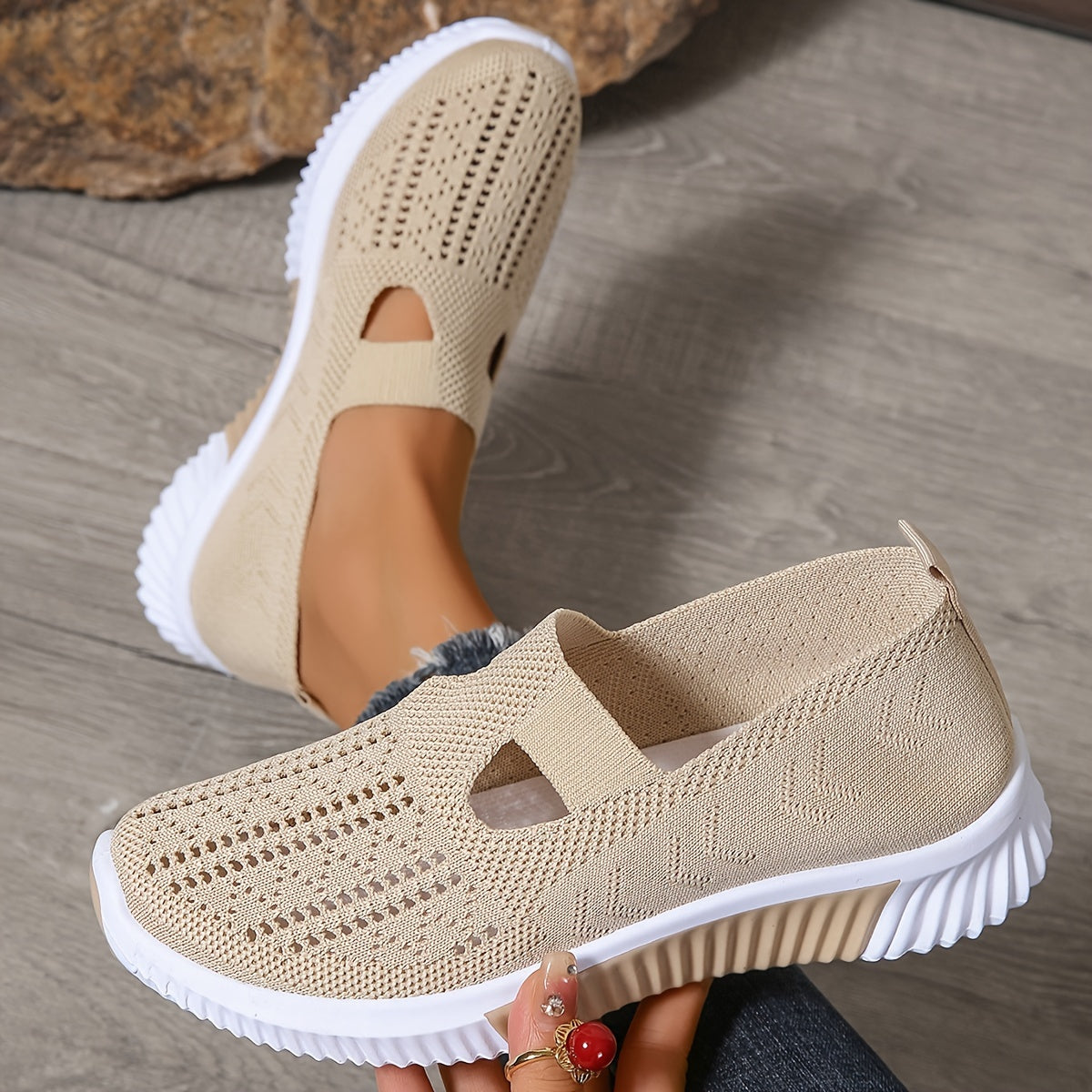 Zapatillas informales sin cordones transpirables para mujer: zapatos para caminar de tejido de punto con suela de goma y plantilla de fibra superfina, diseño de punta lisa de caña baja, calzado cómodo para todas las estaci