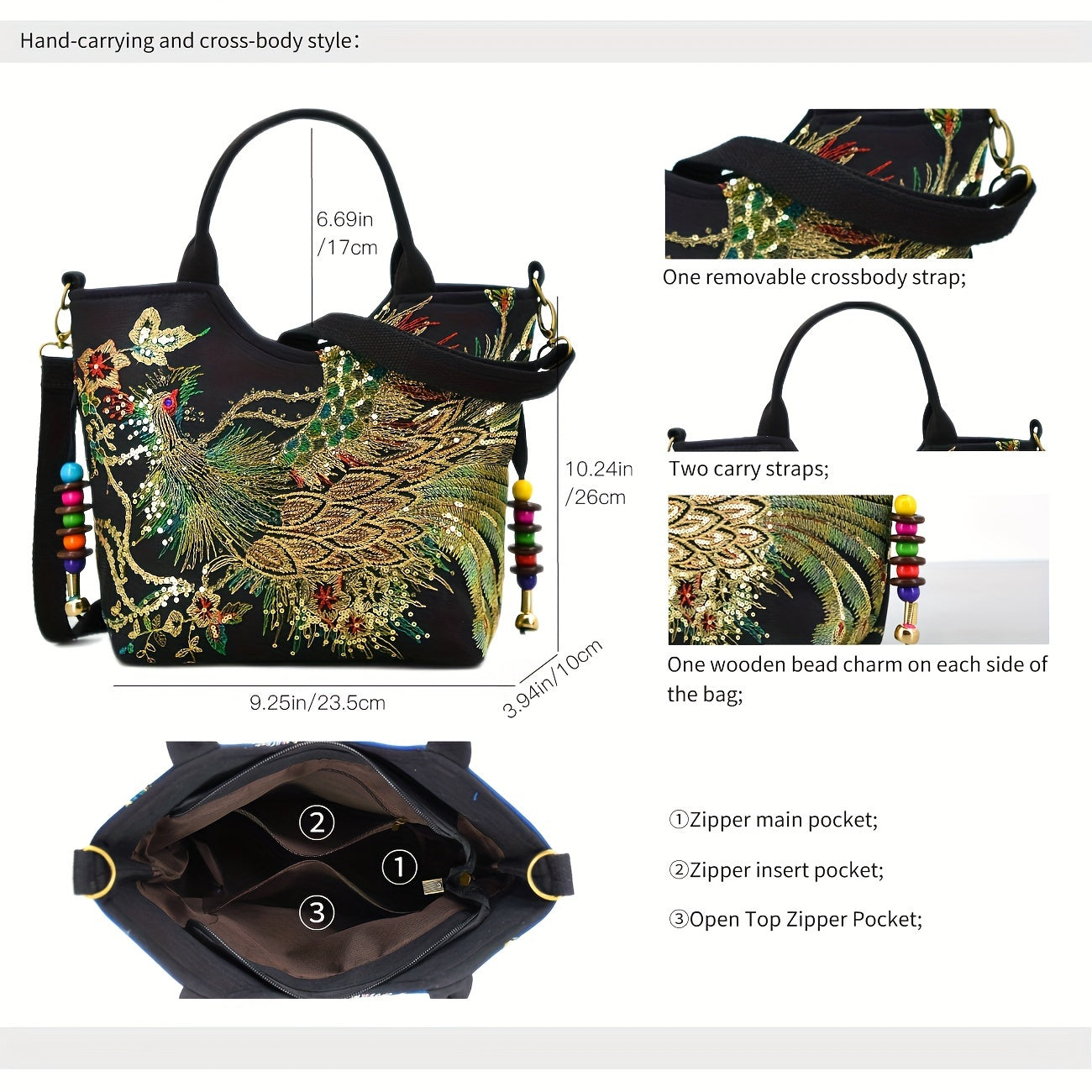 Bolso de Mano Bordado para Mujer, Estilo Retro con Asa Doble y Correa Removible