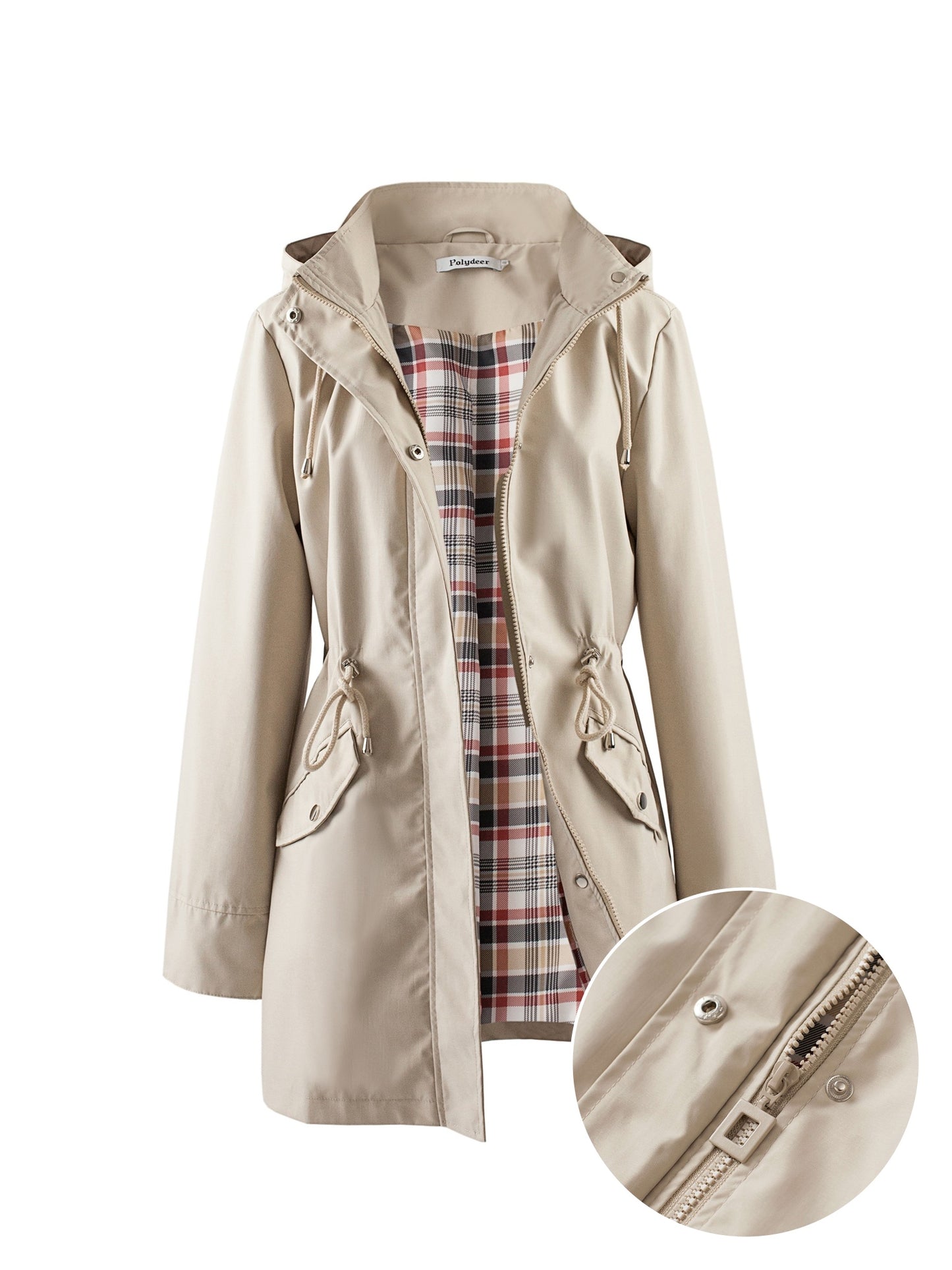 🌿 Chaqueta Impermeable Ligera para Mujer – Elegancia Verde con Capucha, Forro a Cuadros y Cintura Ajustable 🌧️