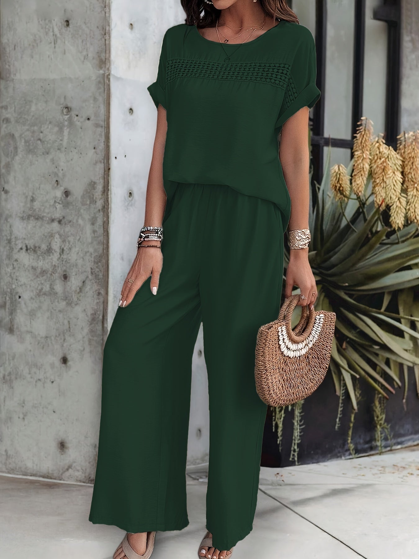Top y Pantalones Elegantes de Manga Corta y Cuello Redondo
