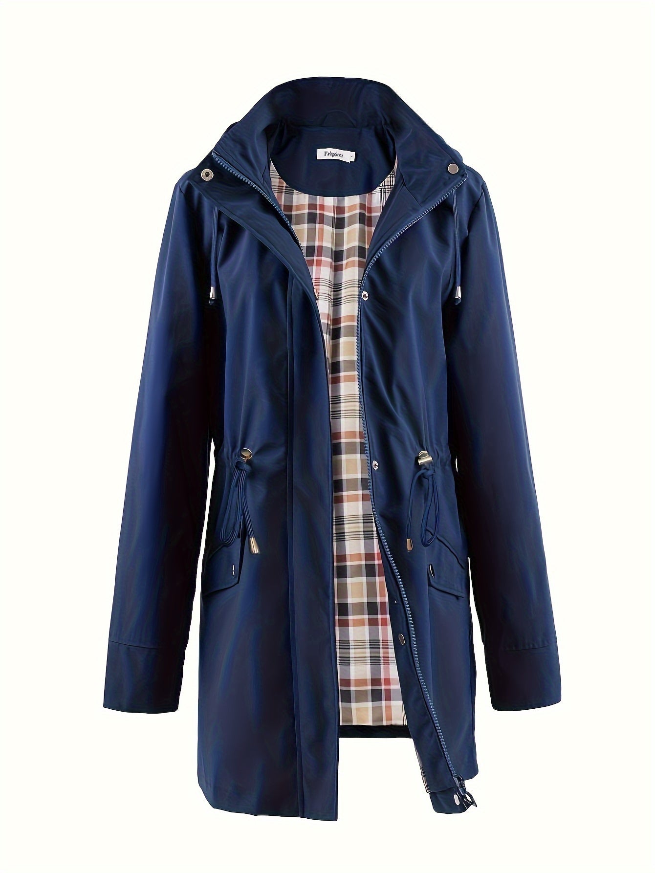 🌿 Chaqueta Impermeable Ligera para Mujer – Elegancia Verde con Capucha, Forro a Cuadros y Cintura Ajustable 🌧️