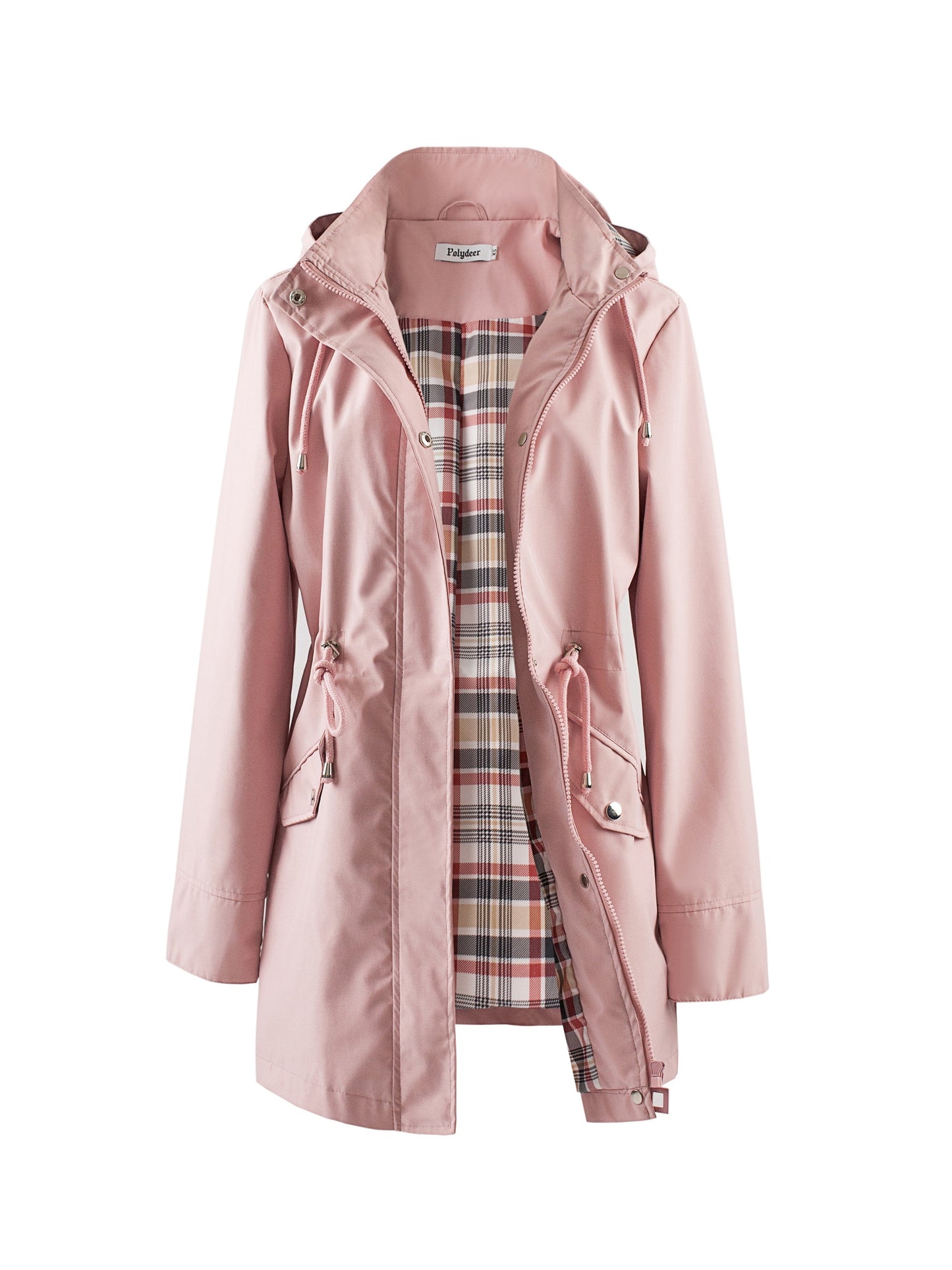 🌿 Chaqueta Impermeable Ligera para Mujer – Elegancia Verde con Capucha, Forro a Cuadros y Cintura Ajustable 🌧️