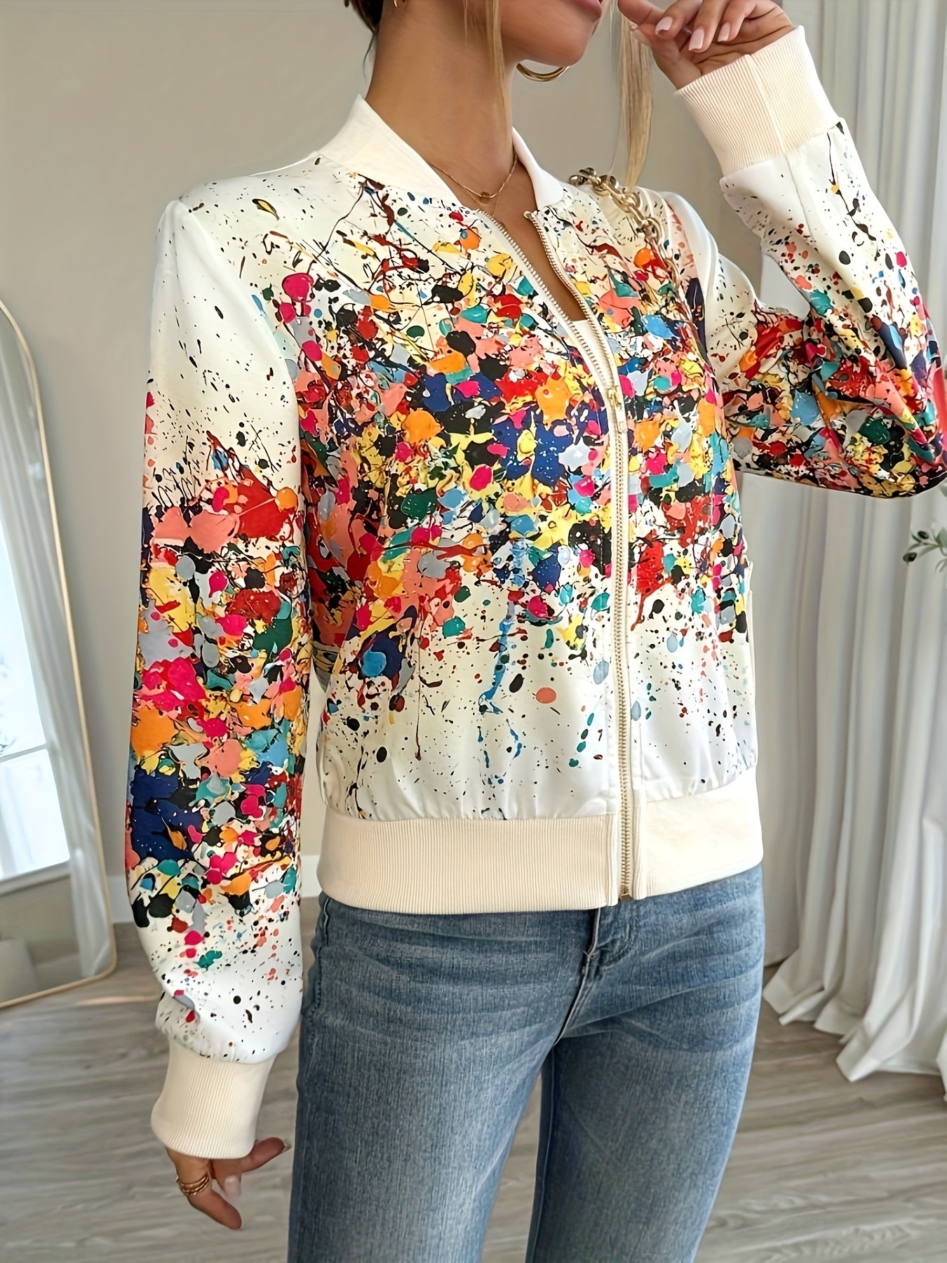 Chaqueta Casual de Tela Teñida para Mujer con Cuello Alto y Detalle de Cremallera - Ligera y Perfecta para Primavera y Otoño 🌿✨