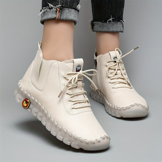 Zapatillas de Mujer Hechas a Mano de Corte Alto, con Cierre de Cordones y Cremallera Lateral - Zapatillas Planas para Caminar de Estilo Casual 🌟👟