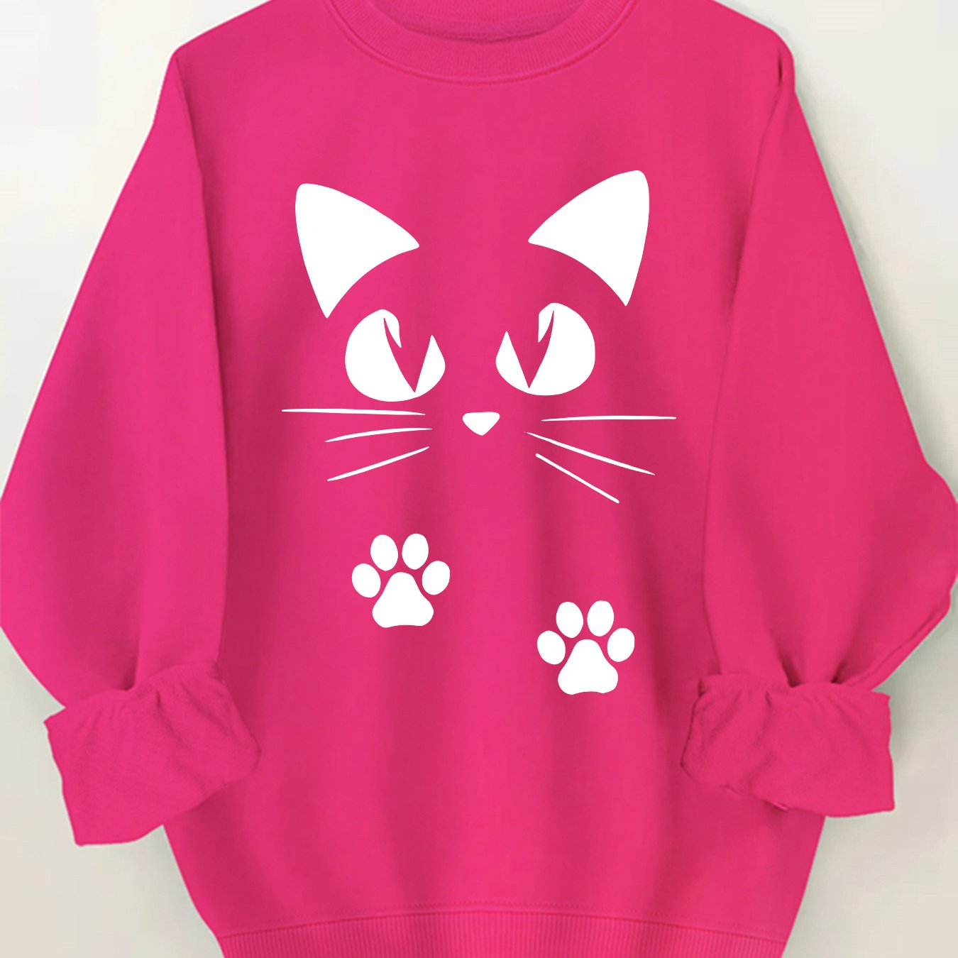 🐾 Sudadera Rosa con Estampado de Gatito para Mujer – Cuello Redondo y Puños Volados, Ideal para Primavera y Otoño 🌸