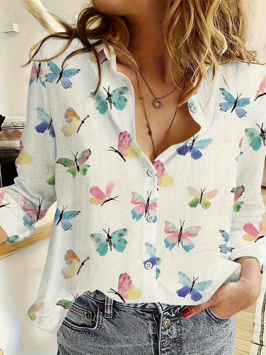 🌸 Camisa Casual de Manga Larga con Estampado de Mariposas para Mujer – Un Toque Vibrante y Natural para Cada Estación 🌸