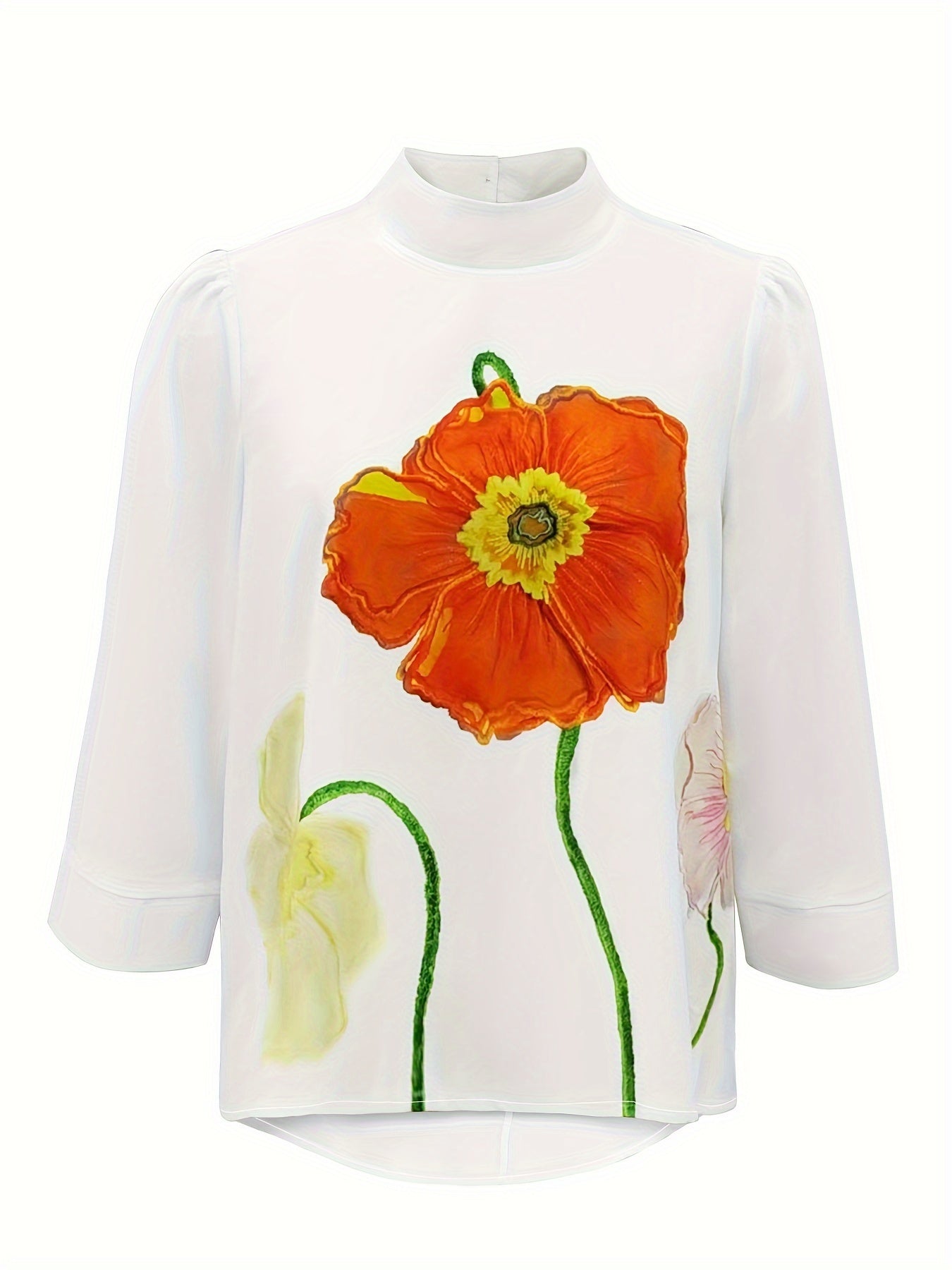 Blusa Elegante con Estampado Floral y Cuello Alto - Mezcla de Poliéster y Spandex, Manga 3/4, Corte Regular con Detalle de Bajo Caído, Camisa Tejida para Mujeres.