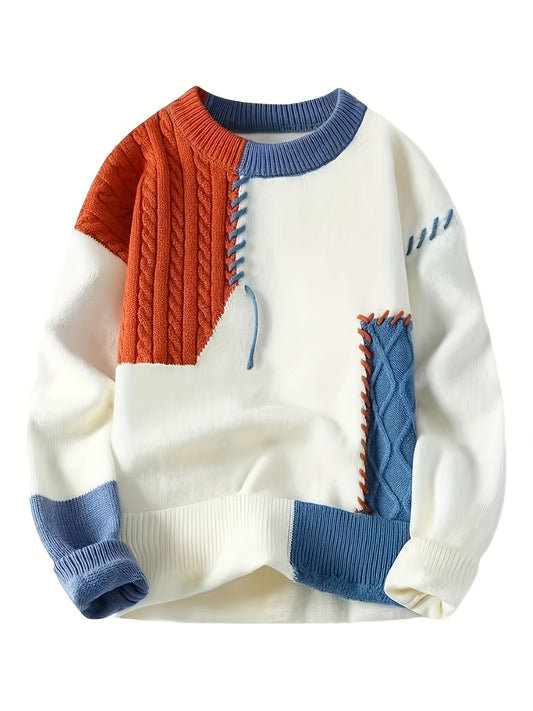 🧥 Suéter Masculino Tejido con Bloques de Color – Estilo Urbano para Otoño e Invierno