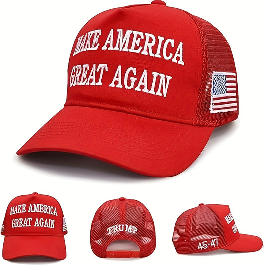 🇺🇸 Gorra Ajustable "Make America Great Again" – Diseño Patriótico con Bandera de EE.UU., Parte Trasera de Malla Transpirable, Cierre Snapback, Color Rojo | Gorra Estructurada | Accesorio para Exteriores