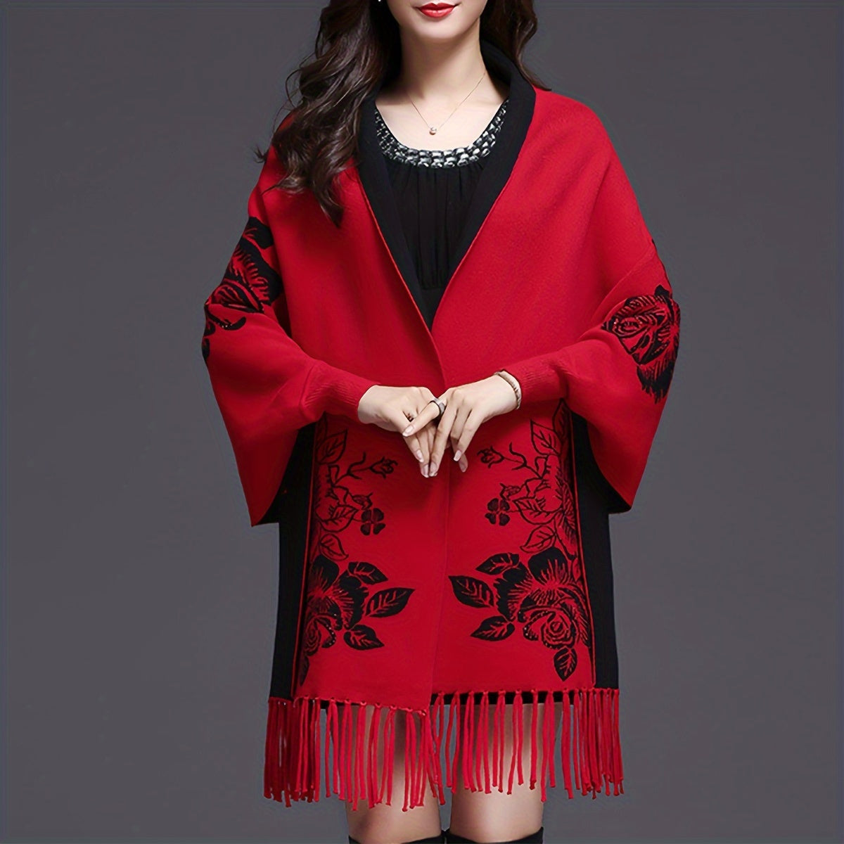 🧣 Chal Elegante de Jacquard con Flecos – Estilo Capa para Otoño e Invierno