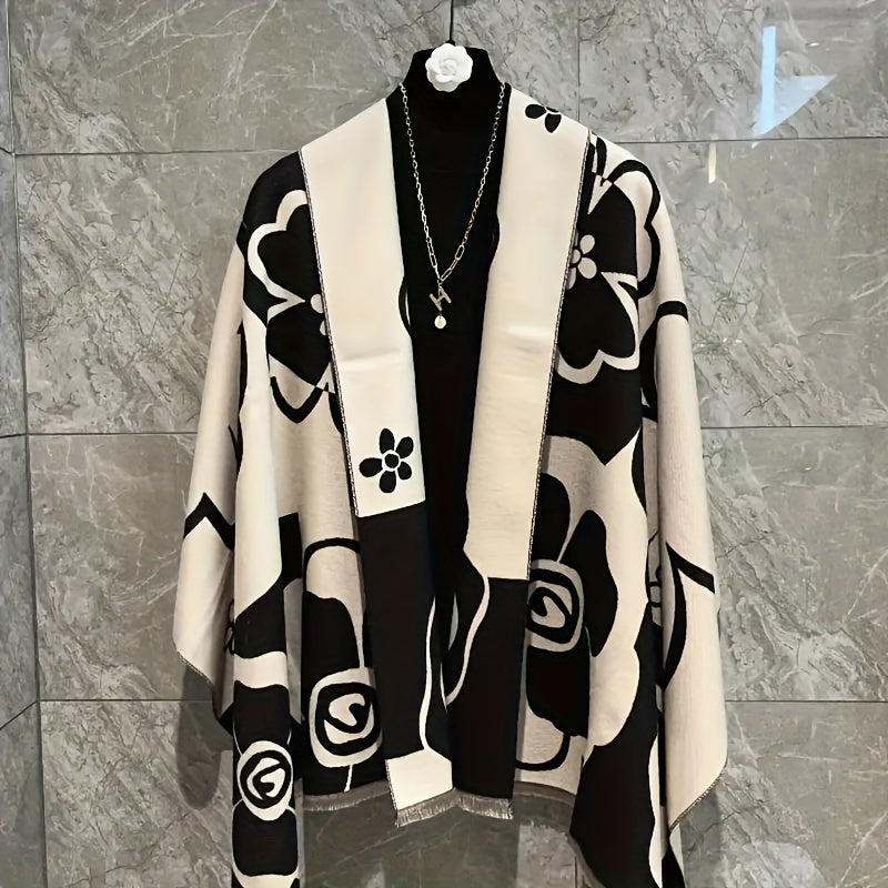 🌸 Chal Bohemio con Flores de Camelia en Blanco y Negro – Elegancia Atemporal para Mujeres Románticas