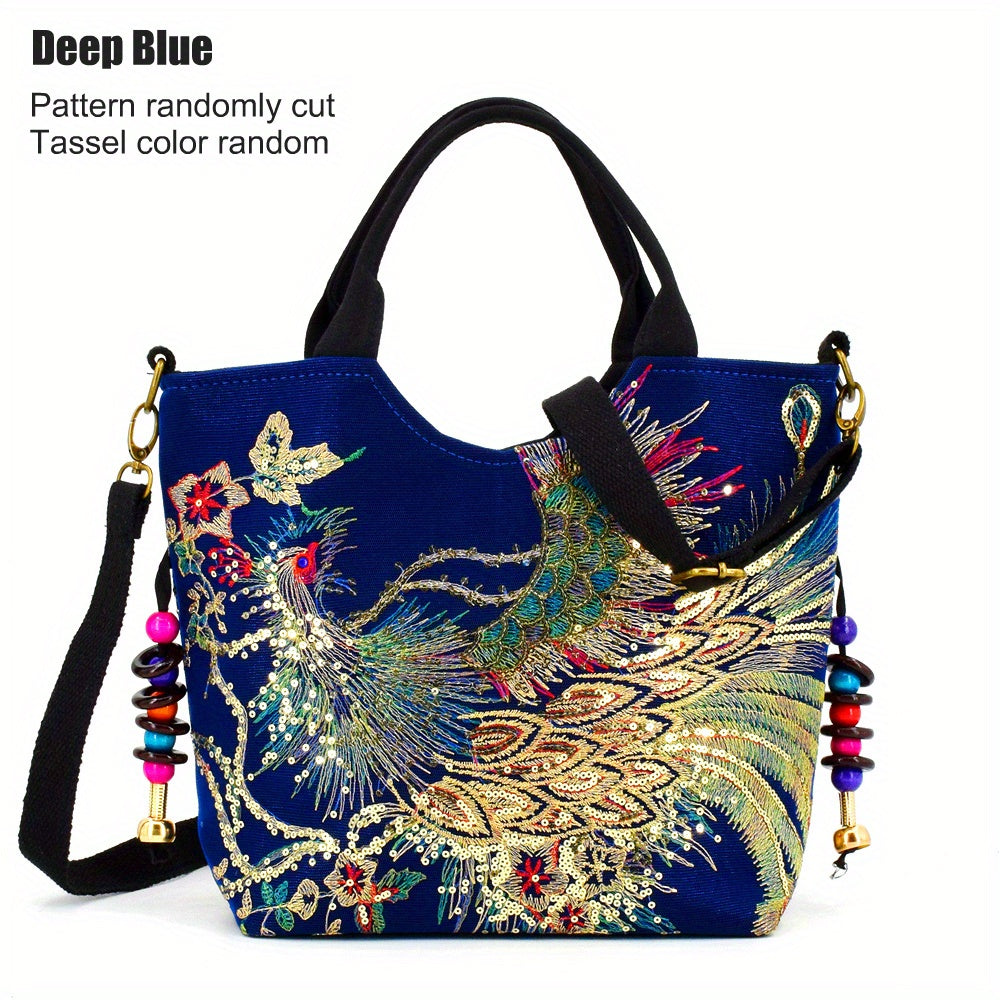 Bolso de Mano Bordado para Mujer, Estilo Retro con Asa Doble y Correa Removible