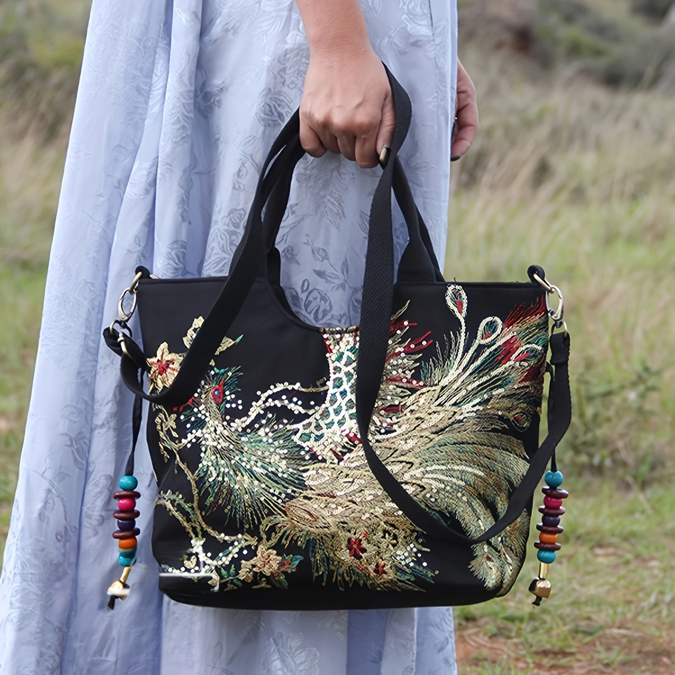 Bolso de Mano Bordado para Mujer, Estilo Retro con Asa Doble y Correa Removible