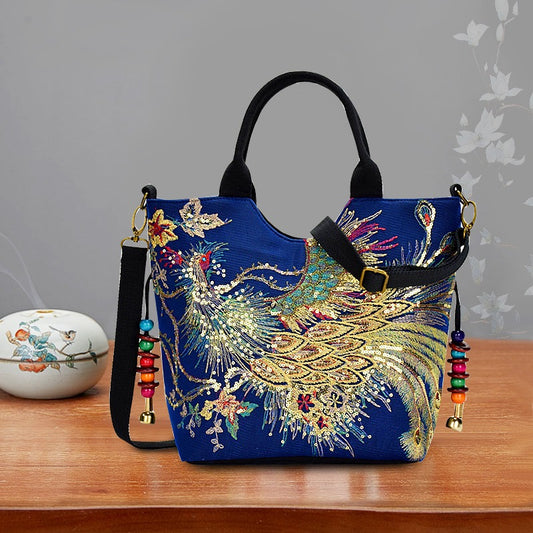 Bolso de Mano Bordado para Mujer, Estilo Retro con Asa Doble y Correa Removible