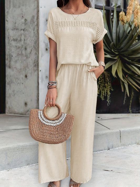 Top y Pantalones Elegantes de Manga Corta y Cuello Redondo