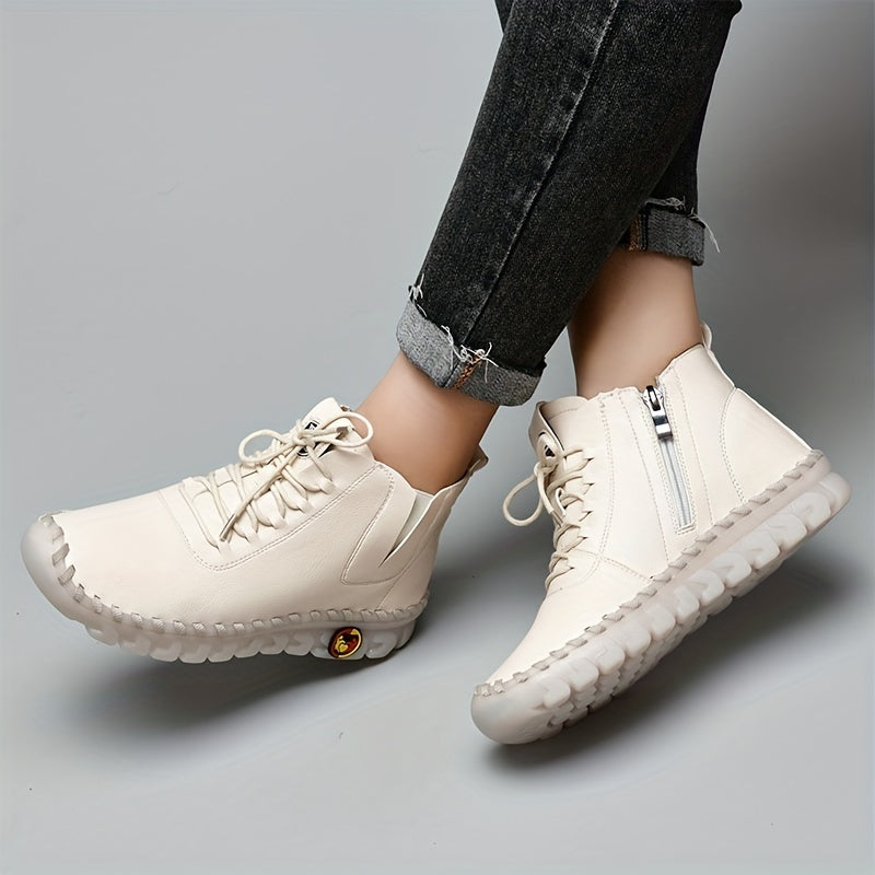 Zapatillas de Mujer Hechas a Mano de Corte Alto, con Cierre de Cordones y Cremallera Lateral - Zapatillas Planas para Caminar de Estilo Casual 🌟👟