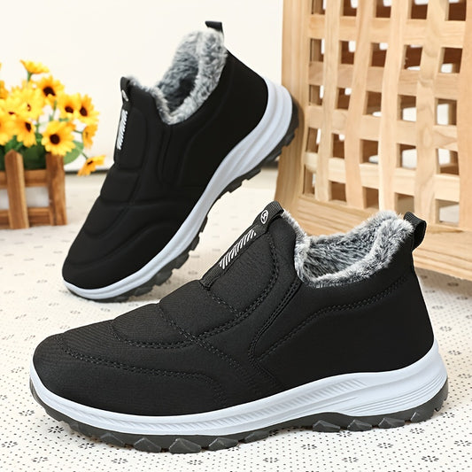 Botines de invierno para mujer cómodos y elegantes: forro de felpa, suela antideslizante, punta redonda, zapatos casuales cómodos para exteriores con plantilla suave, color sólido, forro polar cálido para caminatas y send