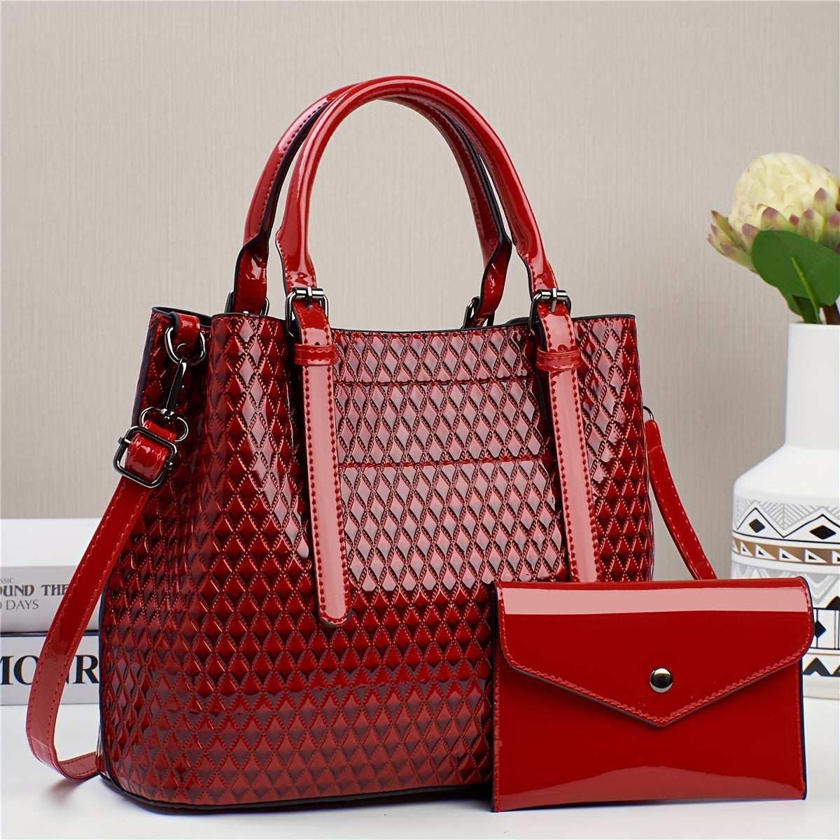 Bolso Tote Geométrico Estilo Crocodilo para Mujer con Correa Ajustable y Clutch Desmontable