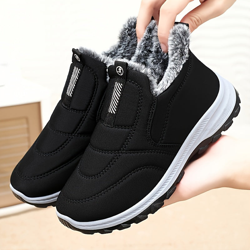 Botines de invierno para mujer cómodos y elegantes: forro de felpa, suela antideslizante, punta redonda, zapatos casuales cómodos para exteriores con plantilla suave, color sólido, forro polar cálido para caminatas y send
