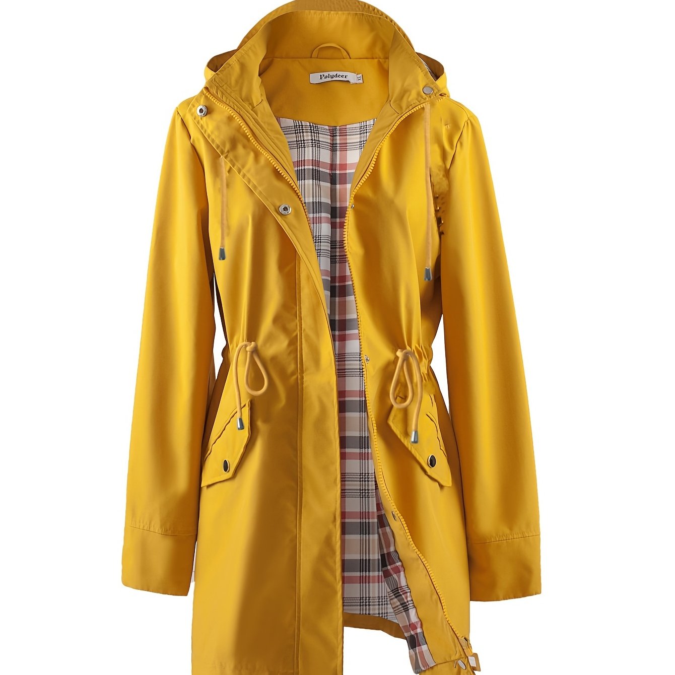 🌿 Chaqueta Impermeable Ligera para Mujer – Elegancia Verde con Capucha, Forro a Cuadros y Cintura Ajustable 🌧️