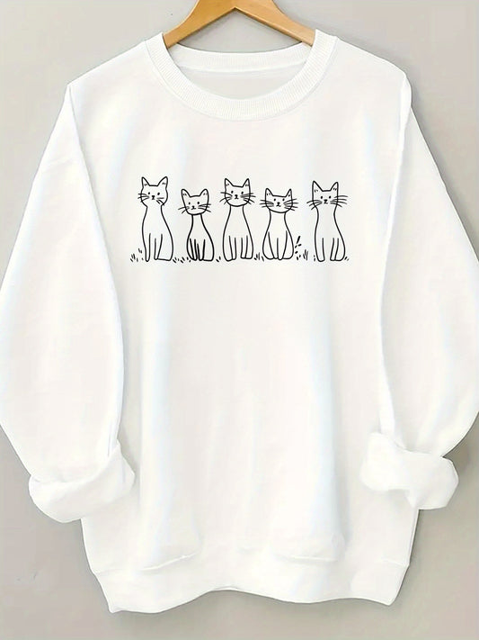 🐾 Sudadera Blanca de Cuello Redondo para Mujer con Ilustración de Gato – Estilo Casual y Divertido para Todos los Días 🐾