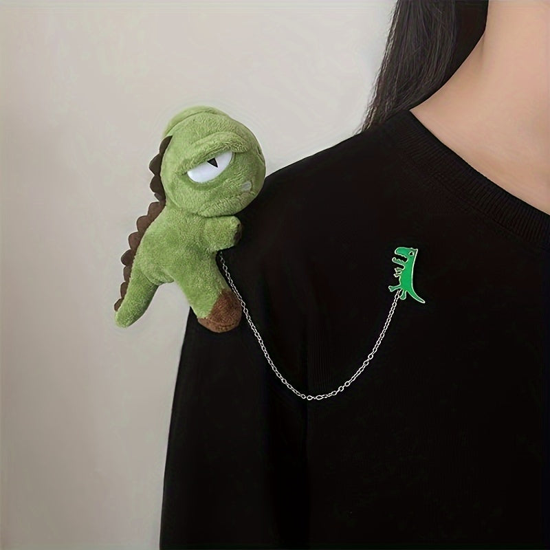 Broche de Peluche para Parejas - Dinosaurio Verde & Panda con Cadena